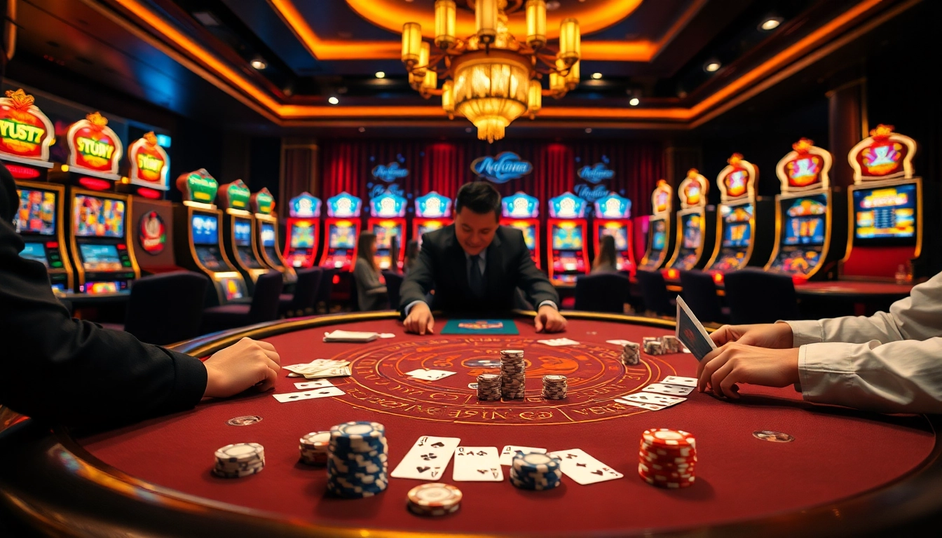 An engaging casino scene illustrating the concept of lô gan là gì with players at a blackjack table and vibrant slot machines.