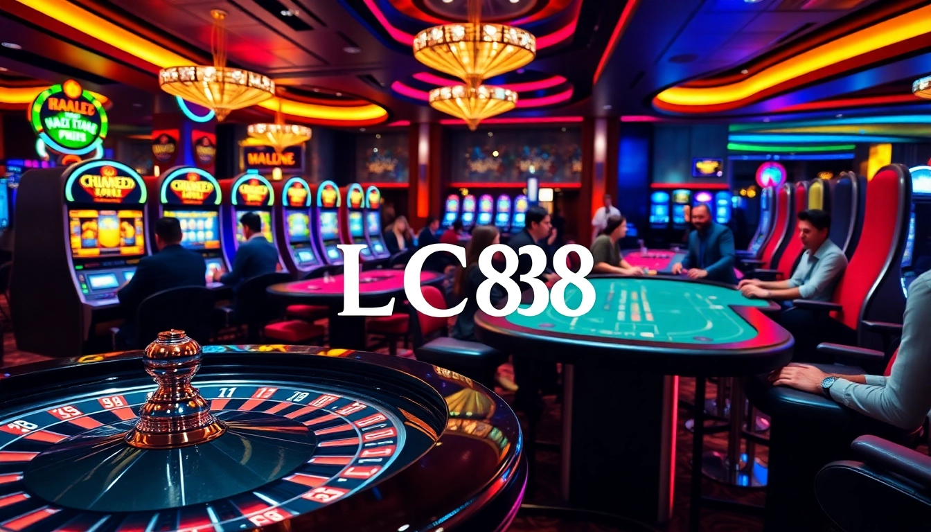 Players enjoying high-stakes action at the LC88 casino tables with vibrant ambiance.
