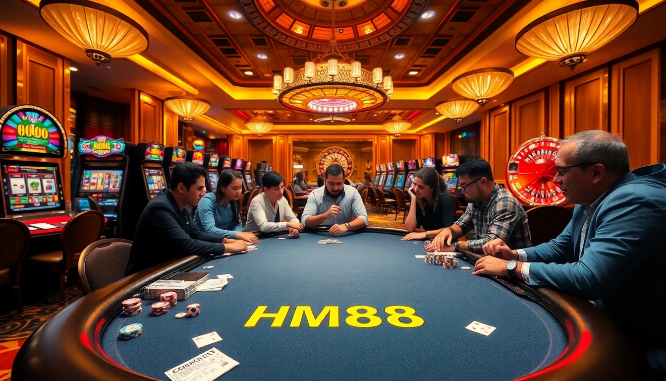 Engage in thrilling poker at HM88 with vibrant casino elements enhancing the excitement of the game.