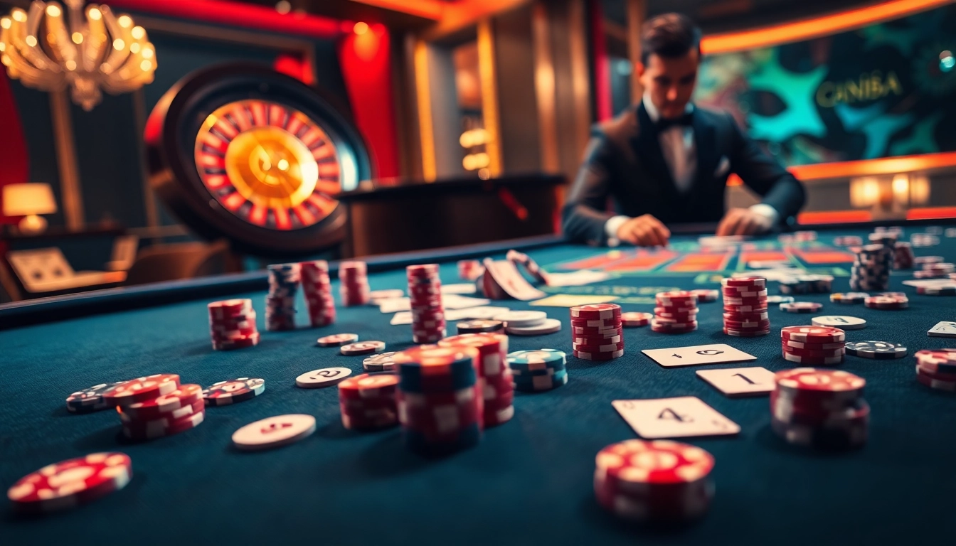 Experience high-stakes action at https://luck88com.net/ with vibrant casino scenes featuring cards, chips, and a spinning roulette wheel.