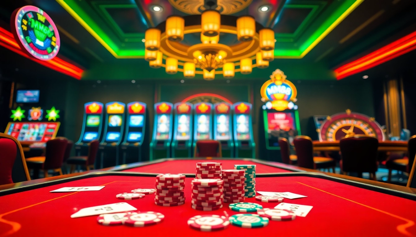 Experience the excitement of MM88 at a vibrant casino table, surrounded by colorful chips and slot machines.