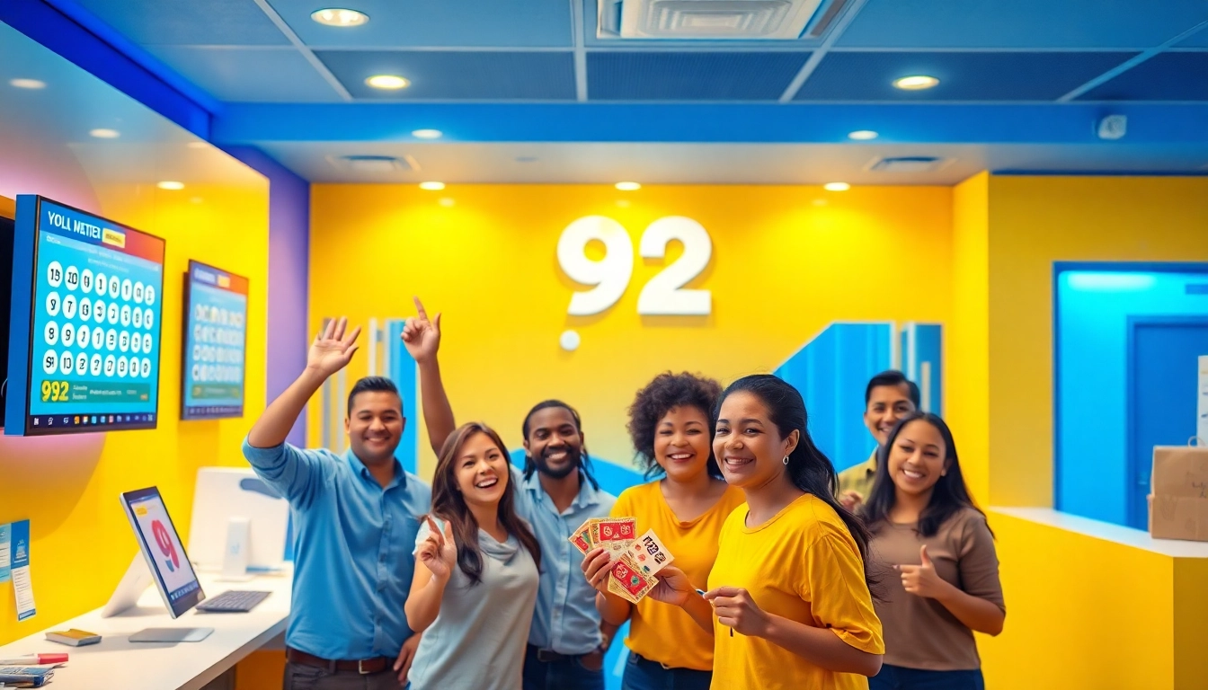 Exciting scene of diverse people celebrating a win in the 92 lottery.