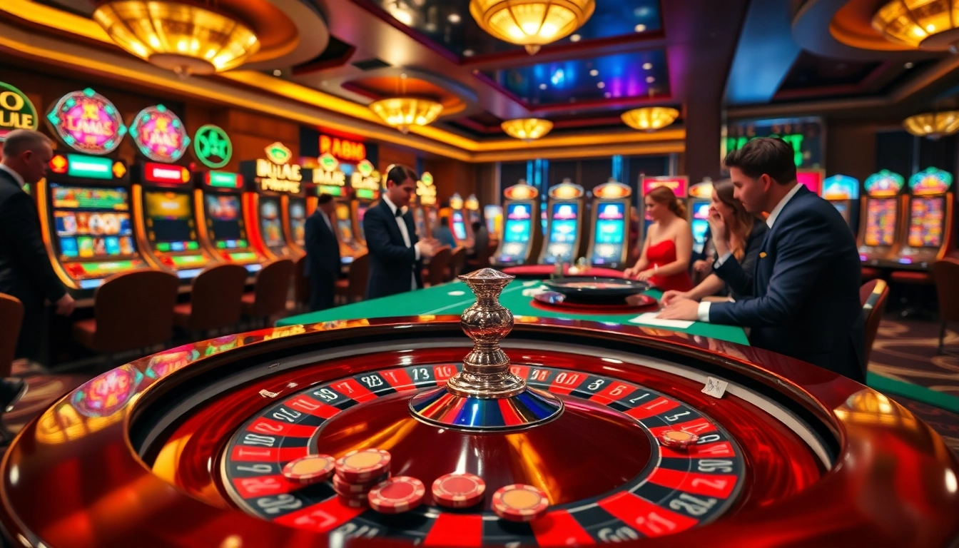 Experience the thrill of RR88 with a vibrant casino scene featuring roulette and slot machines.