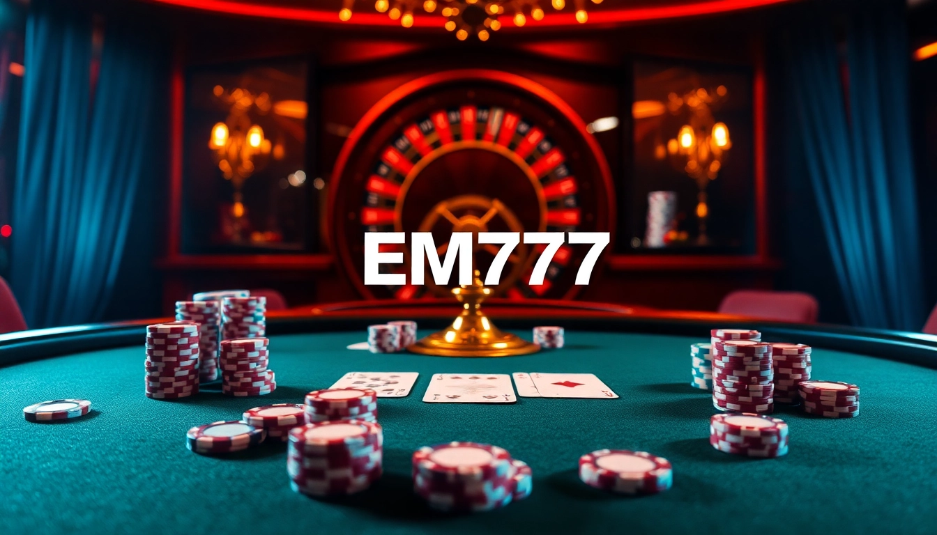 Players strategizing at a poker table on https://em777.live/ amidst a luxurious casino backdrop.