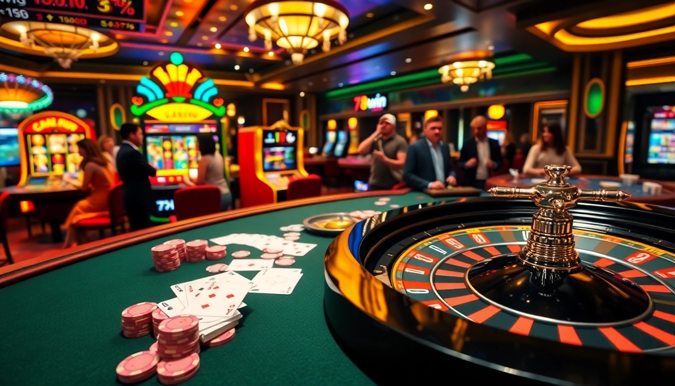 Thrilled players at the 78.win casino, enjoying vibrant games with poker chips and roulette.