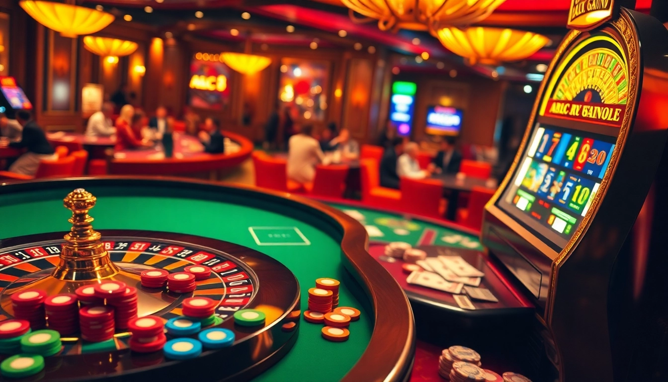 Experience the thrill of ABC8 with an elegant casino scene showcasing roulette, poker, and vibrant slot machines.