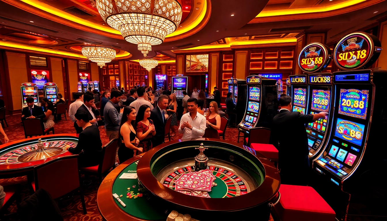 Experience the excitement of LUCK88 at a vibrant casino with players enjoying thrilling games.