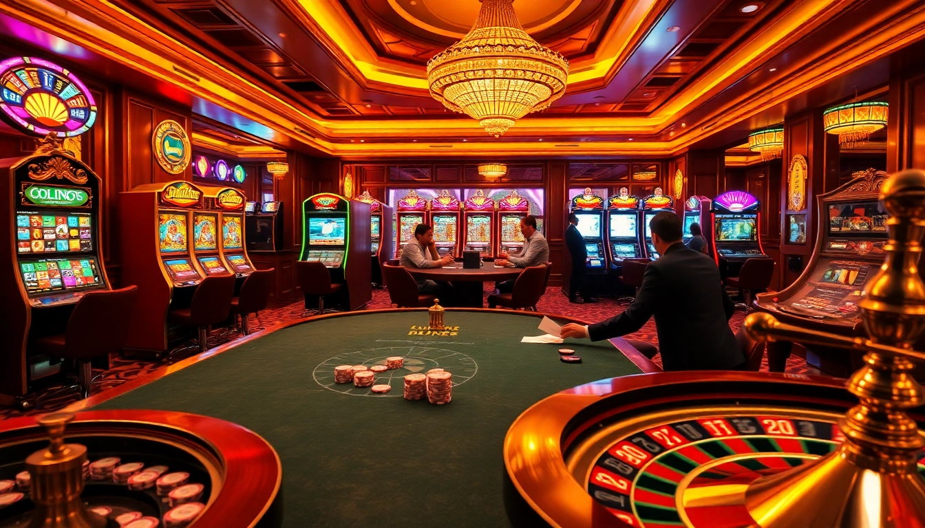 Exciting gambling scene at http://luck8f.cn.com/ with poker tables, roulette wheels, and vibrant slot machines.