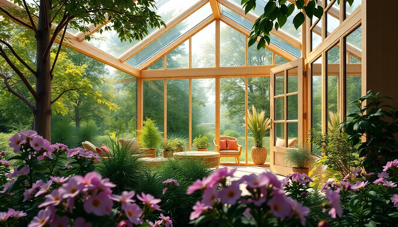 Explore a sunroom for sale with a cozy interior showcasing large glass panels in a beautiful garden setting.