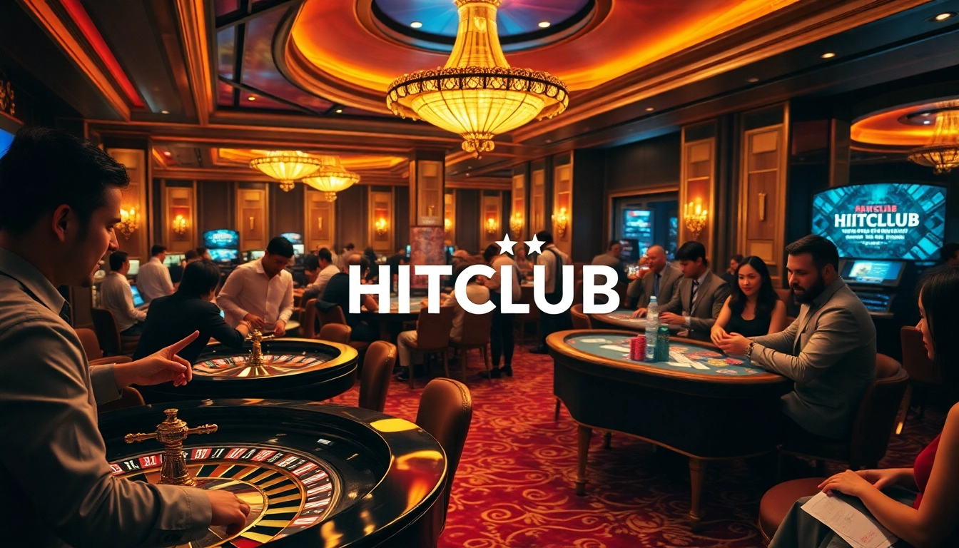 Players celebrating wins at the HITCLUB casino with vibrant poker tables and roulette wheels.