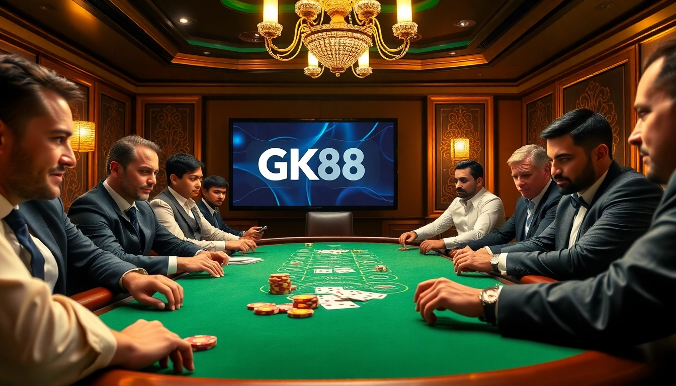 Gamblers enjoying a high-stakes game at GK88 casino, with vibrant poker chips and illuminated table.