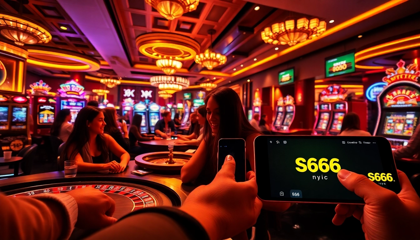 S666.nyc online gambling scene with players engaged in poker and roulette, reflecting excitement and luxury.