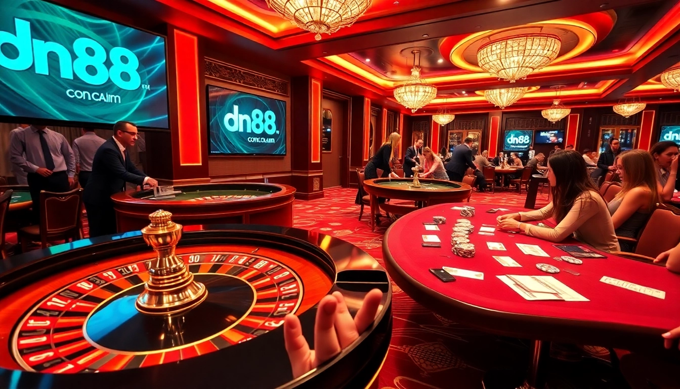 Experience thrilling gaming at dn88.com with a vibrant casino scene featuring roulette and poker tables.