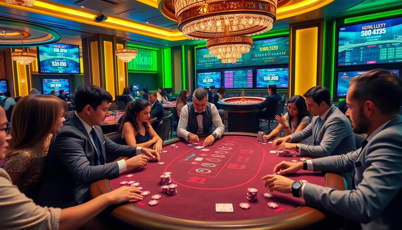Players enjoy an exciting poker game at a luxurious casino, embracing the thrills of nk88.