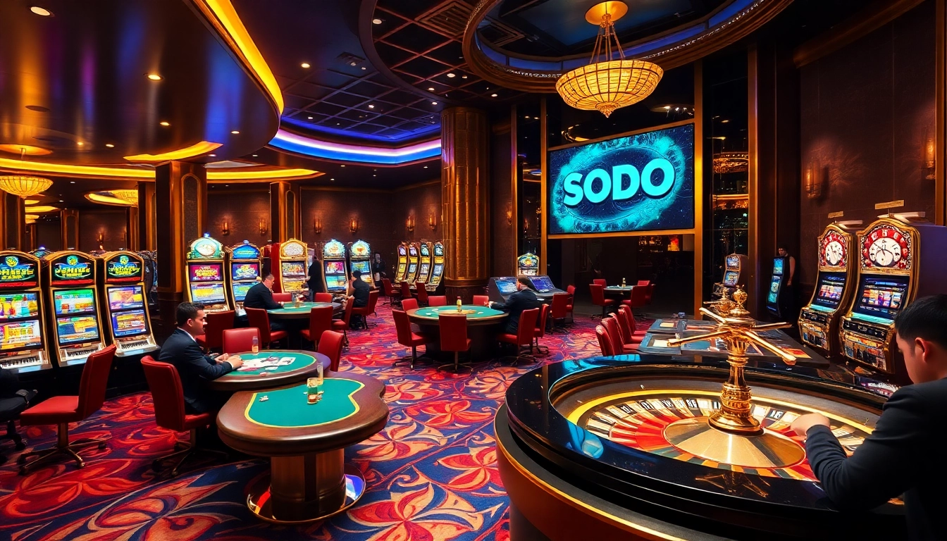 SODO casino scene showcasing engaged players at poker tables and vibrant slot machines.