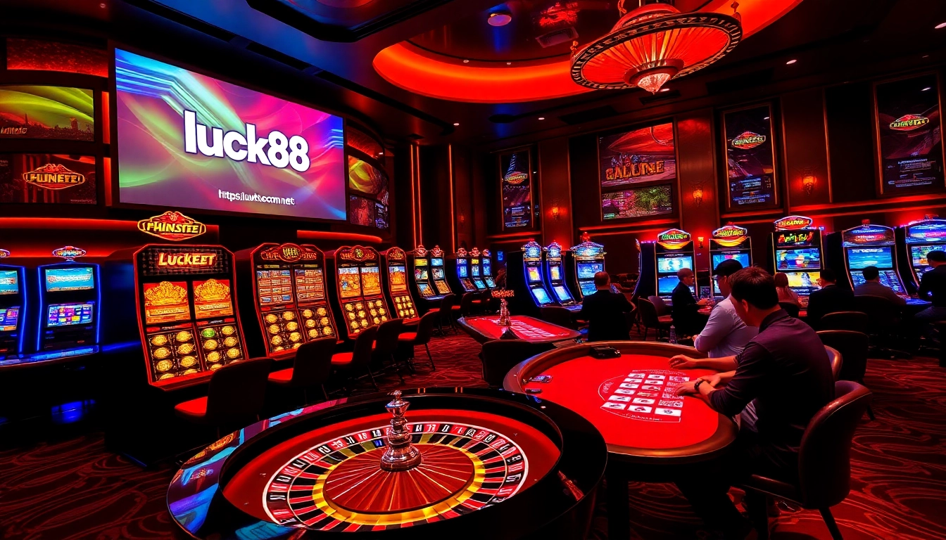 Players enjoying gaming at https://luck88com.net/ casino with vibrant atmosphere and modern slot machines.