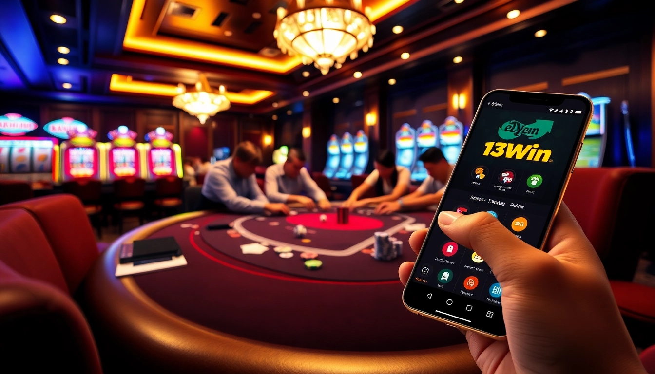 Experience the thrill of the 13Win app with a luxurious casino ambiance featuring poker tables and vibrant slot machines.