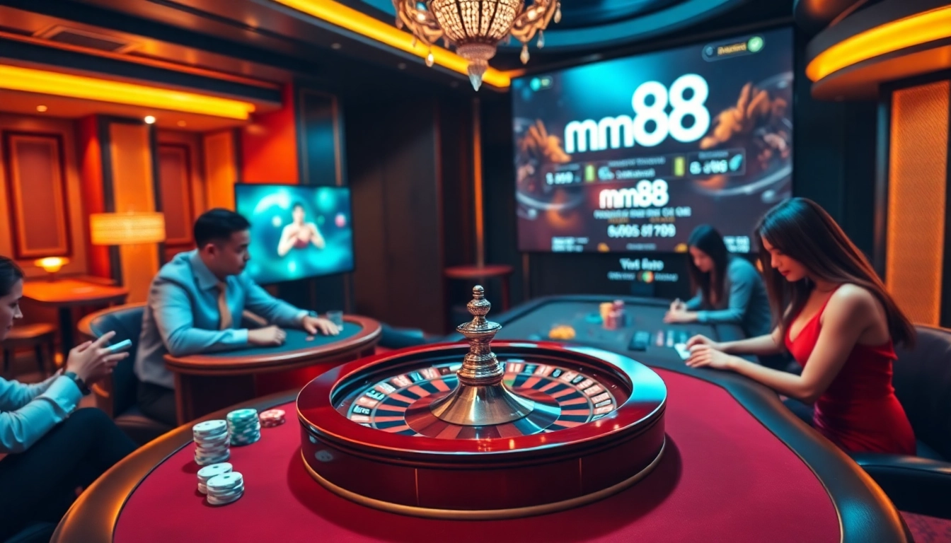 Players enjoying casino games at mm88 with luxurious tables and vibrant ambiance.