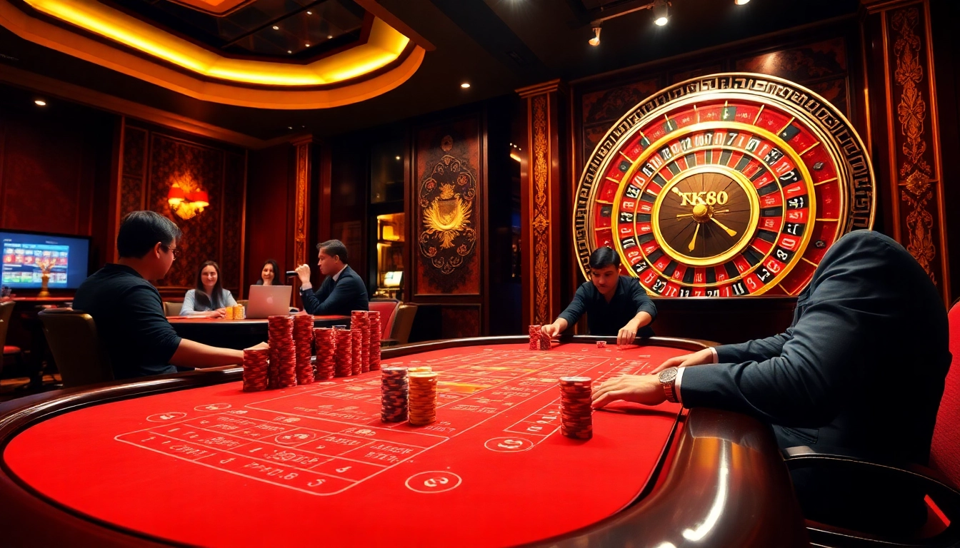 Gamblers enjoy an exciting game at the TK88 table, surrounded by luxury casino elements.