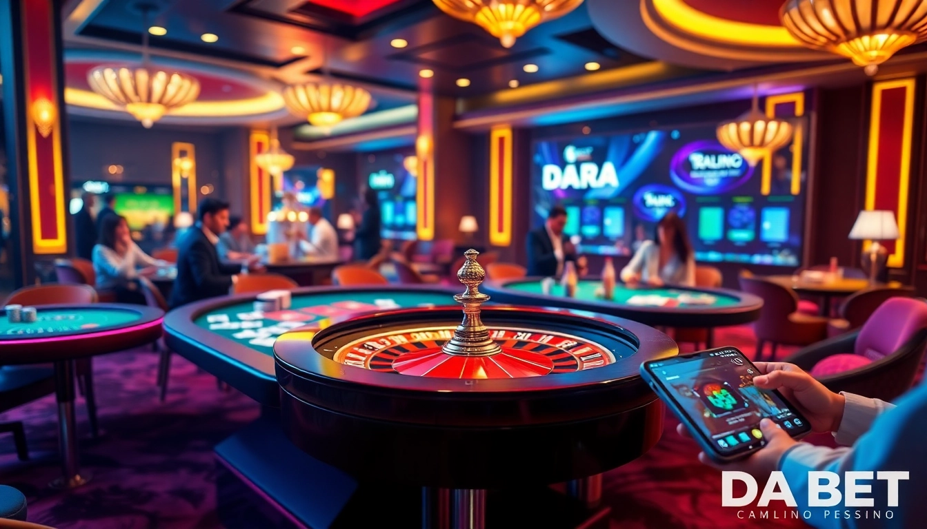 Exciting gaming atmosphere at DA BET casino with vibrant colors and professional tables.