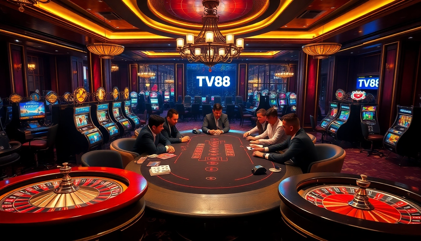 TV88 players enjoy a thrilling poker game at an upscale casino table.