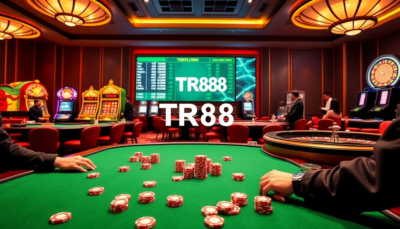 Engage in high-stakes poker action at TR88 casino with vibrant tables and chips.