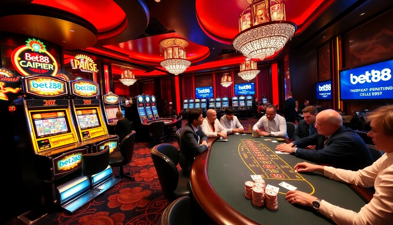 Experience the luxury of Bet88 with a vibrant casino scene featuring roulette and slot machines.