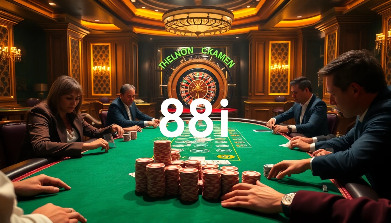 Engaging poker game featuring 88i chips and cards, radiating casino excitement.