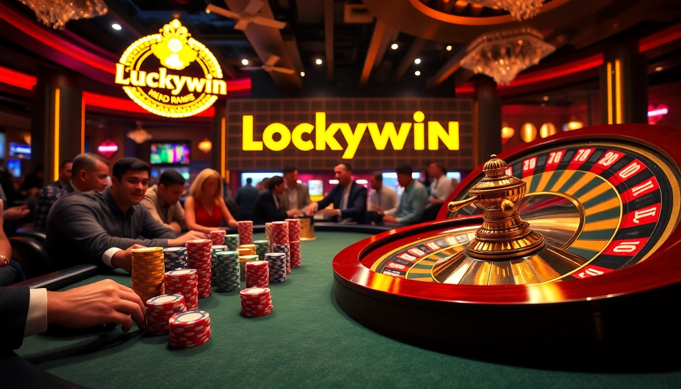 Players enjoying the thrill of gambling at a luckywin-themed casino table with vibrant chips and roulette.