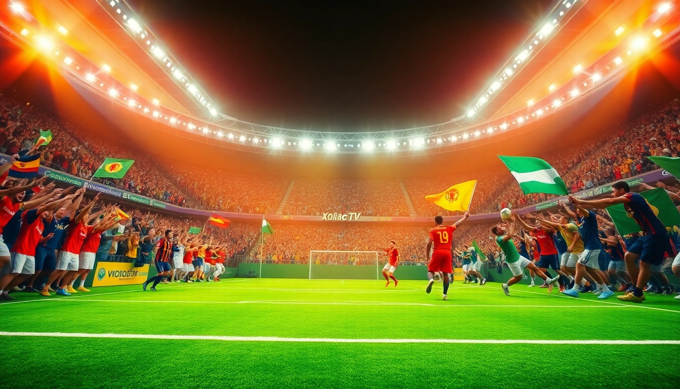 Xoilac.com captures the thrilling atmosphere of a football match with fans and players in action.