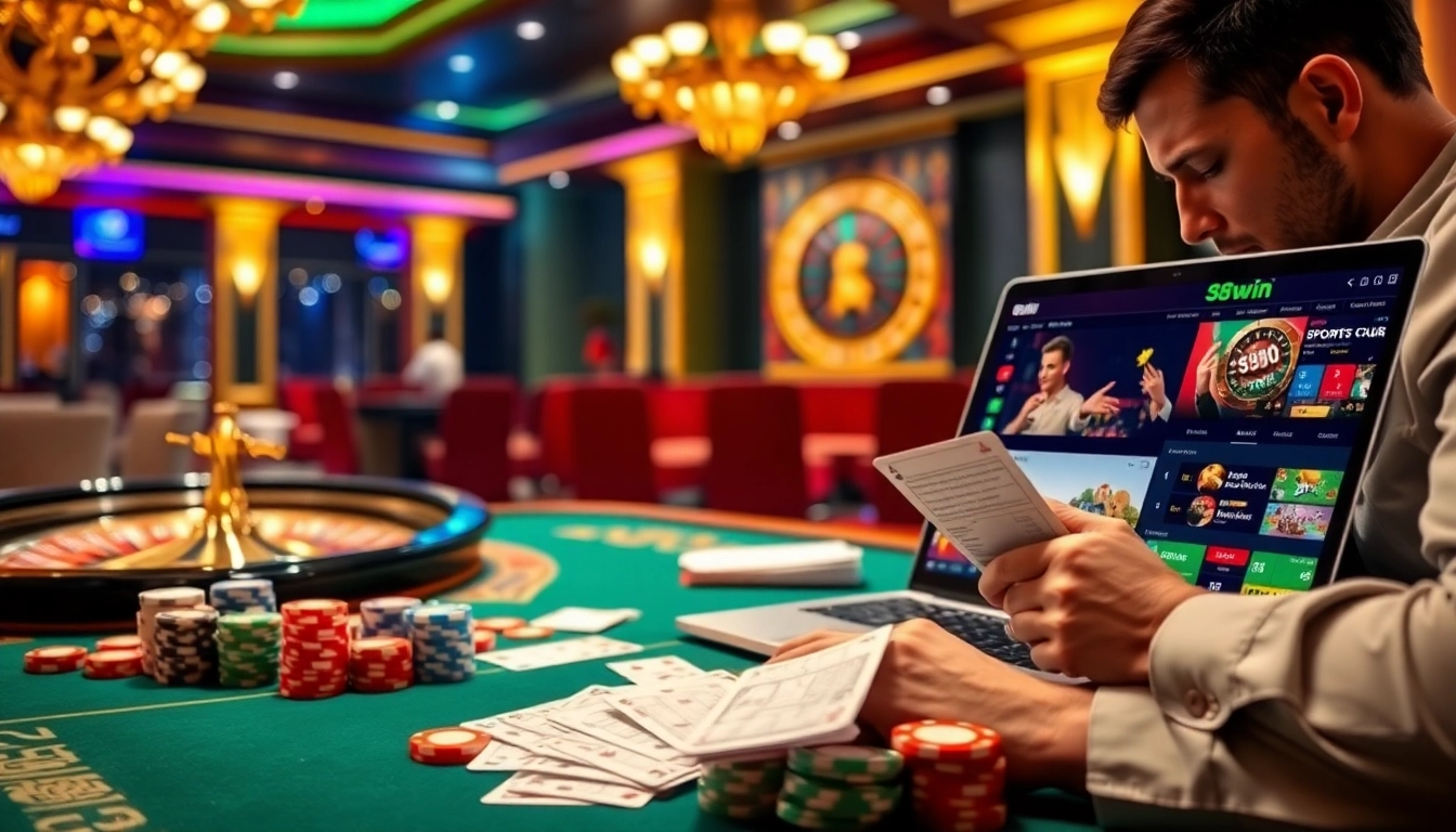 A player bets on 58win's exciting games at a luxurious casino table full of cards and chips.