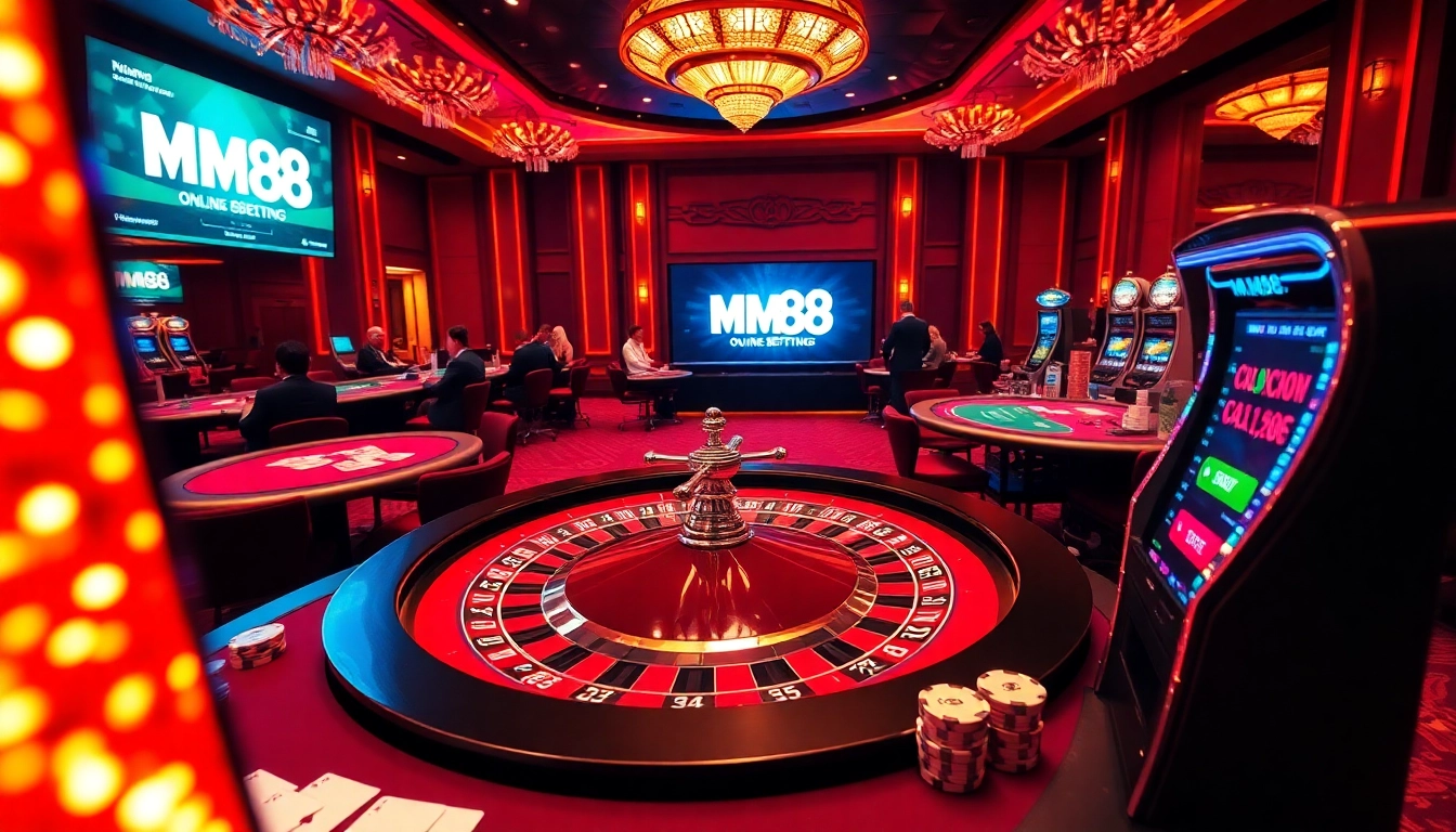 Experience thrilling gaming at mm88's luxurious casino with poker tables and a vibrant roulette wheel.