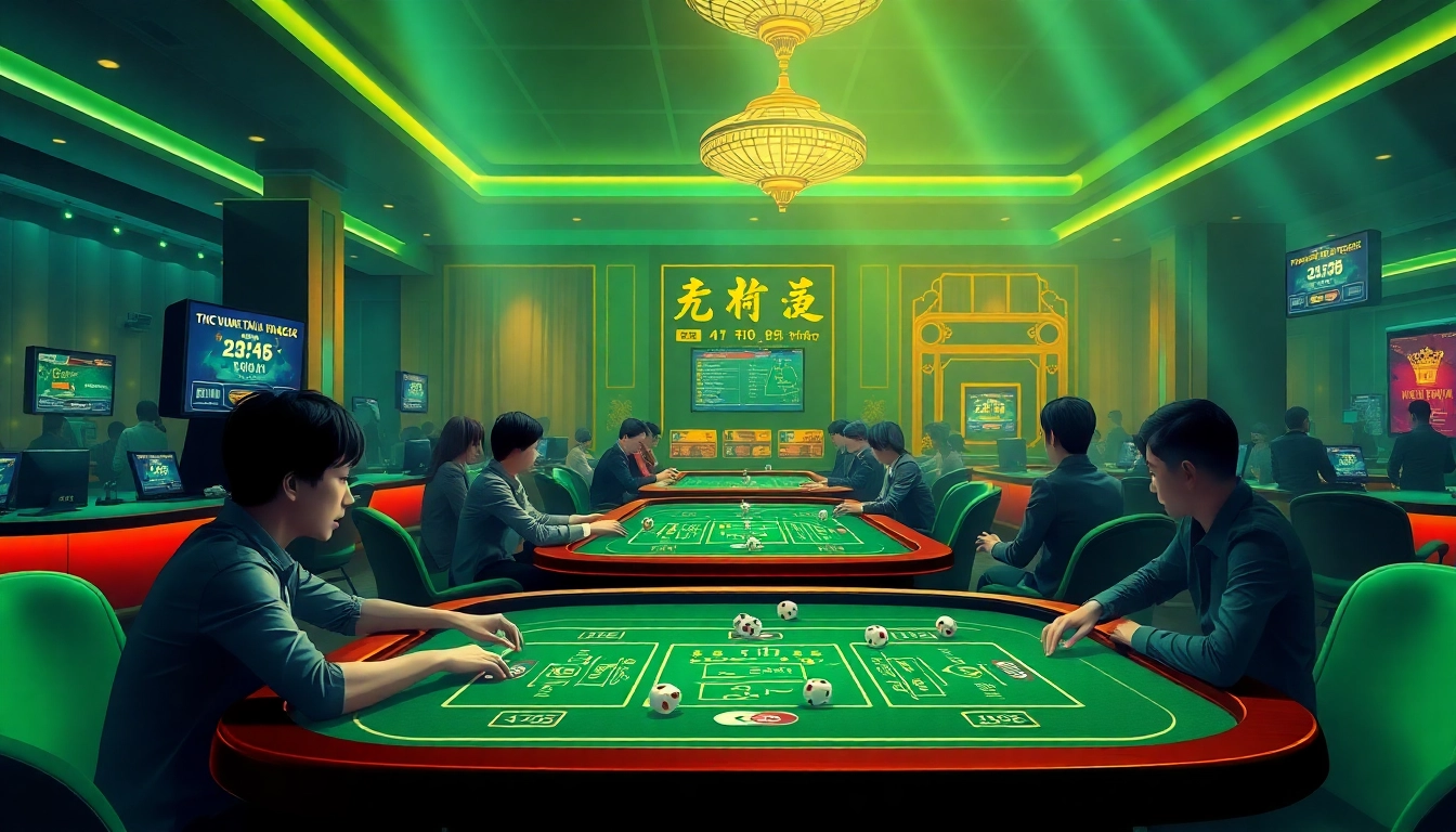 Tài xỉu Xanh chín game experience with players enjoying a thrilling online casino at a vibrant digital table.