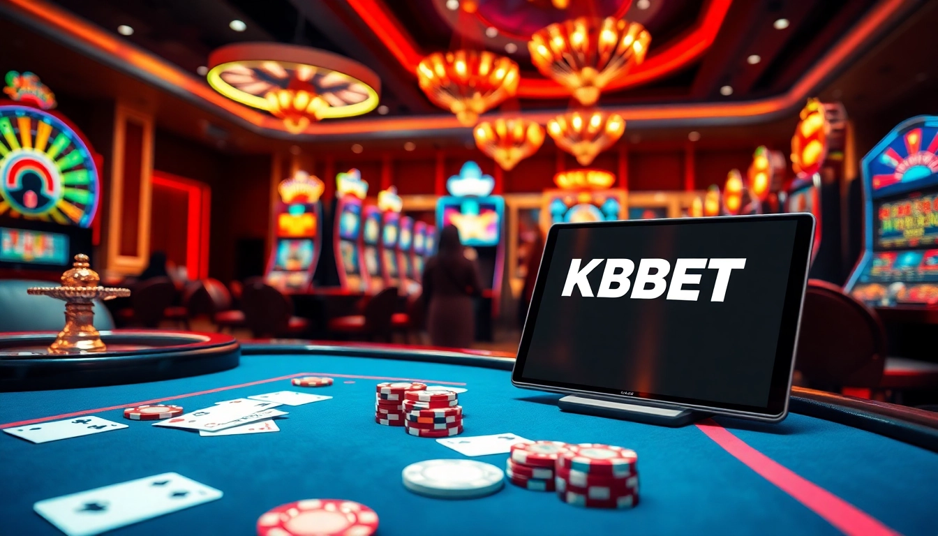 KBBET logo displayed on modern online casino interface with vibrant gaming tables and players.