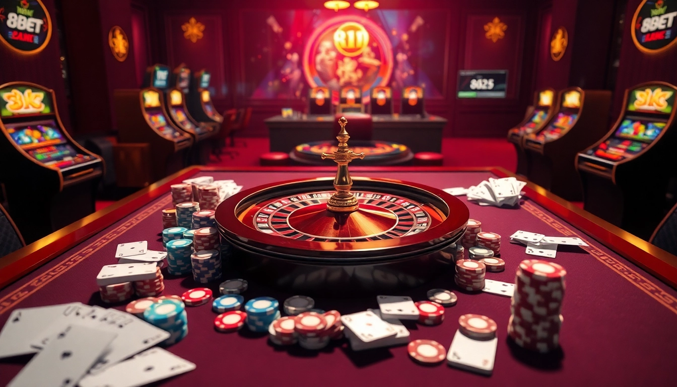 Exciting gaming scene at 8kbet showcasing luxury casino experience with poker chips and roulette wheel.
