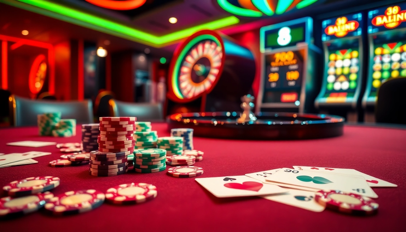 Experience thrilling gameplay with J8 casino elements, featuring vibrant poker chips and a roulette wheel.