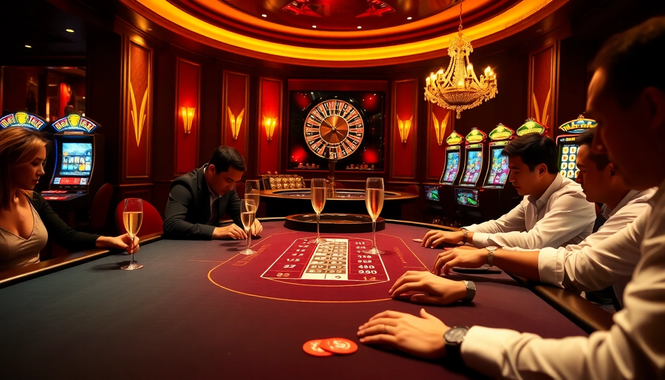 Experience luxury and excitement at Trang chủ Lc88 with a lively casino scene featuring a poker table and roulette wheel.