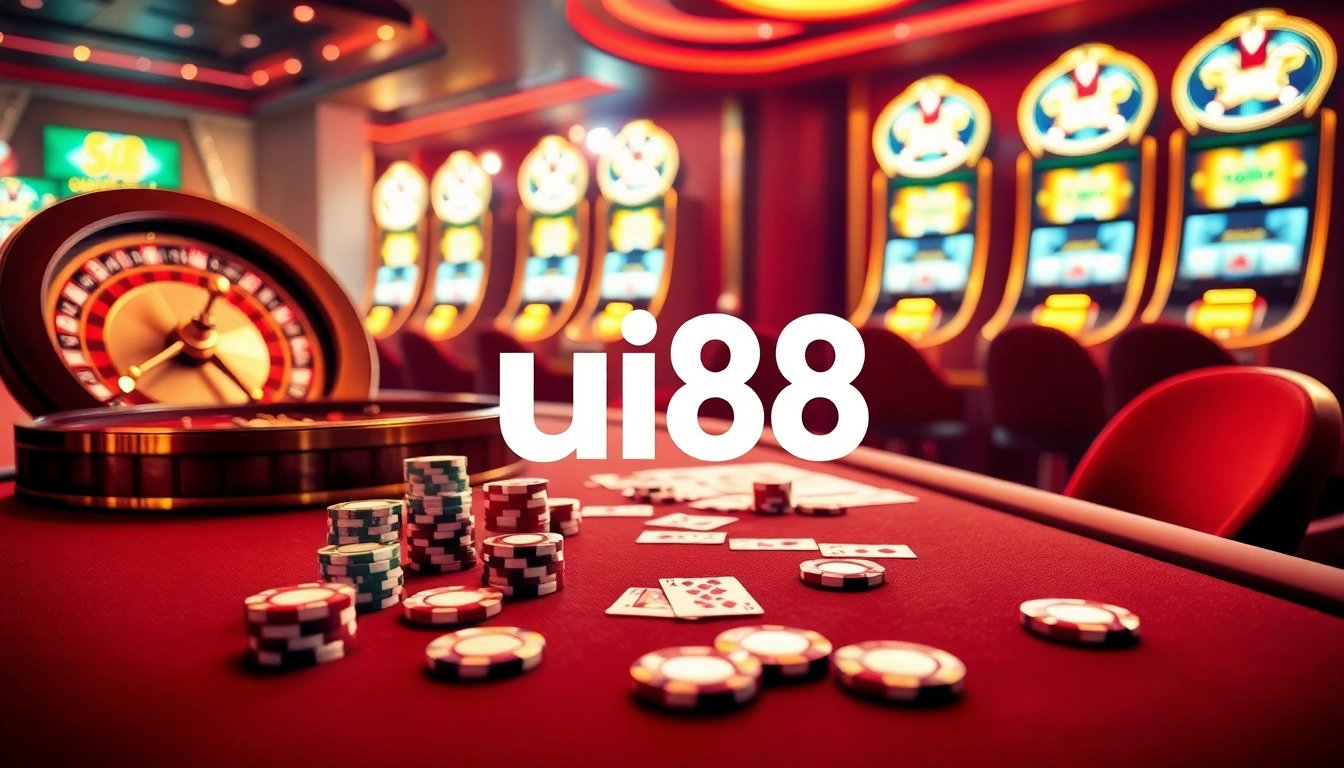 Engage at the thrilling uu88 casino table featuring vibrant poker chips and a roulette wheel.