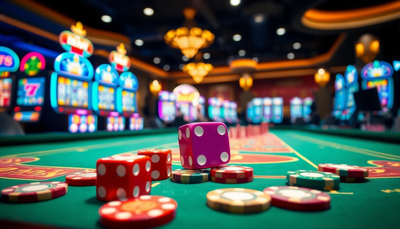 Players excitedly engaging in the game tài xỉu md5 at a vibrant casino table with colorful dice.