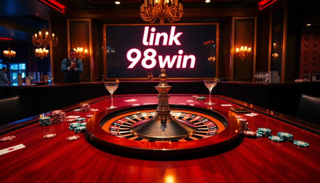 Players engaging at a luxurious gaming table in link 98win's vibrant casino.