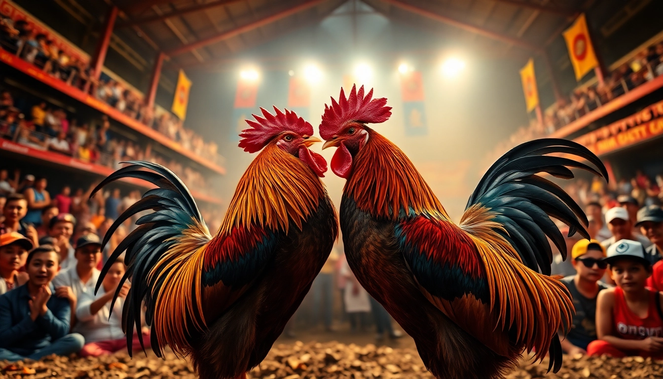 Exciting live rooster fight scene at sv368win.live, showcasing a diverse crowd and vibrant action.