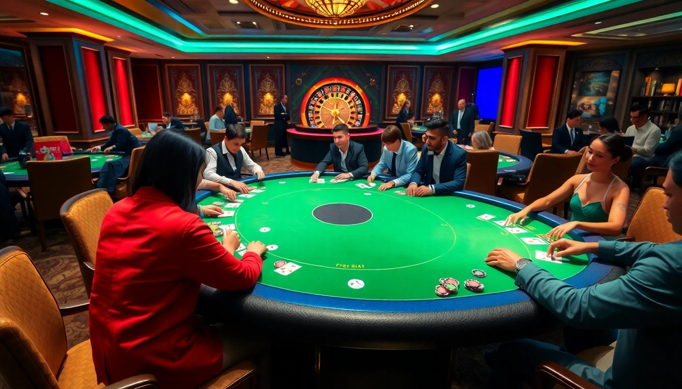 Players enjoying a thrilling poker game at https://go88hv.com/, surrounded by vibrant casino elements.