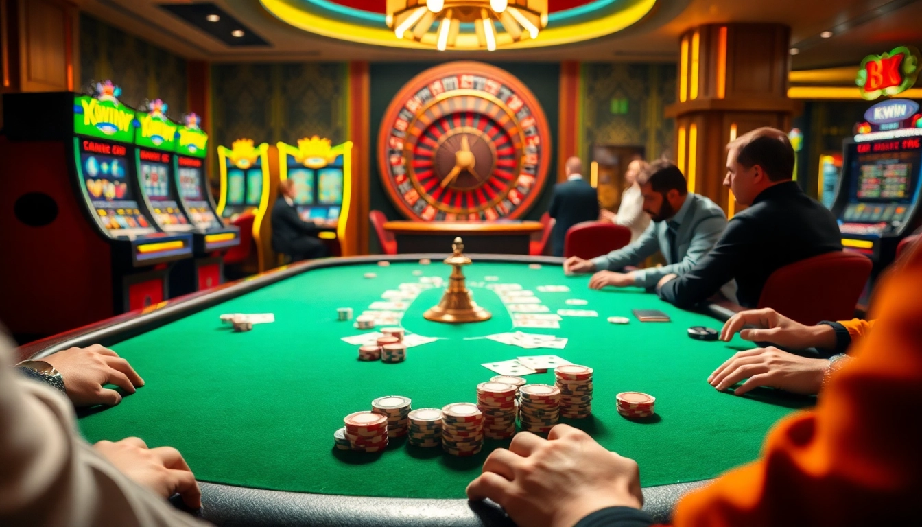 Experience the excitement of kwin com through a lively casino scene with gaming tables and slot machines.