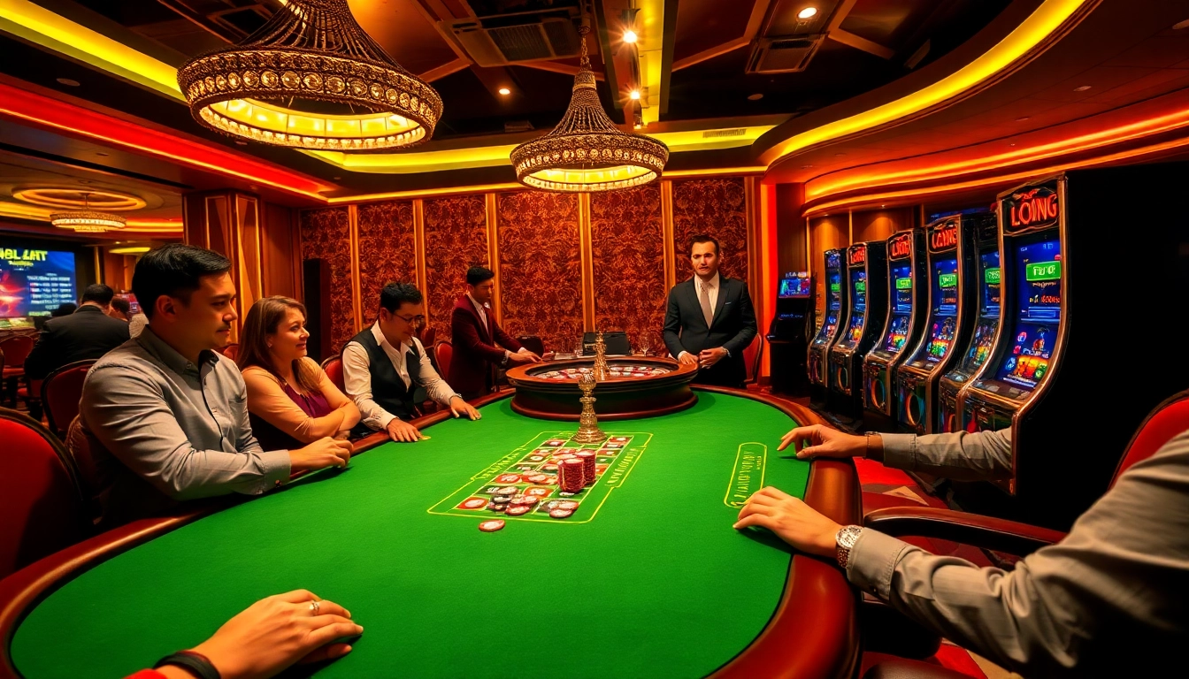 Experience the thrill of gaming at loto188.gb.net with a vibrant casino scene, featuring an exciting poker table and roulette wheel.