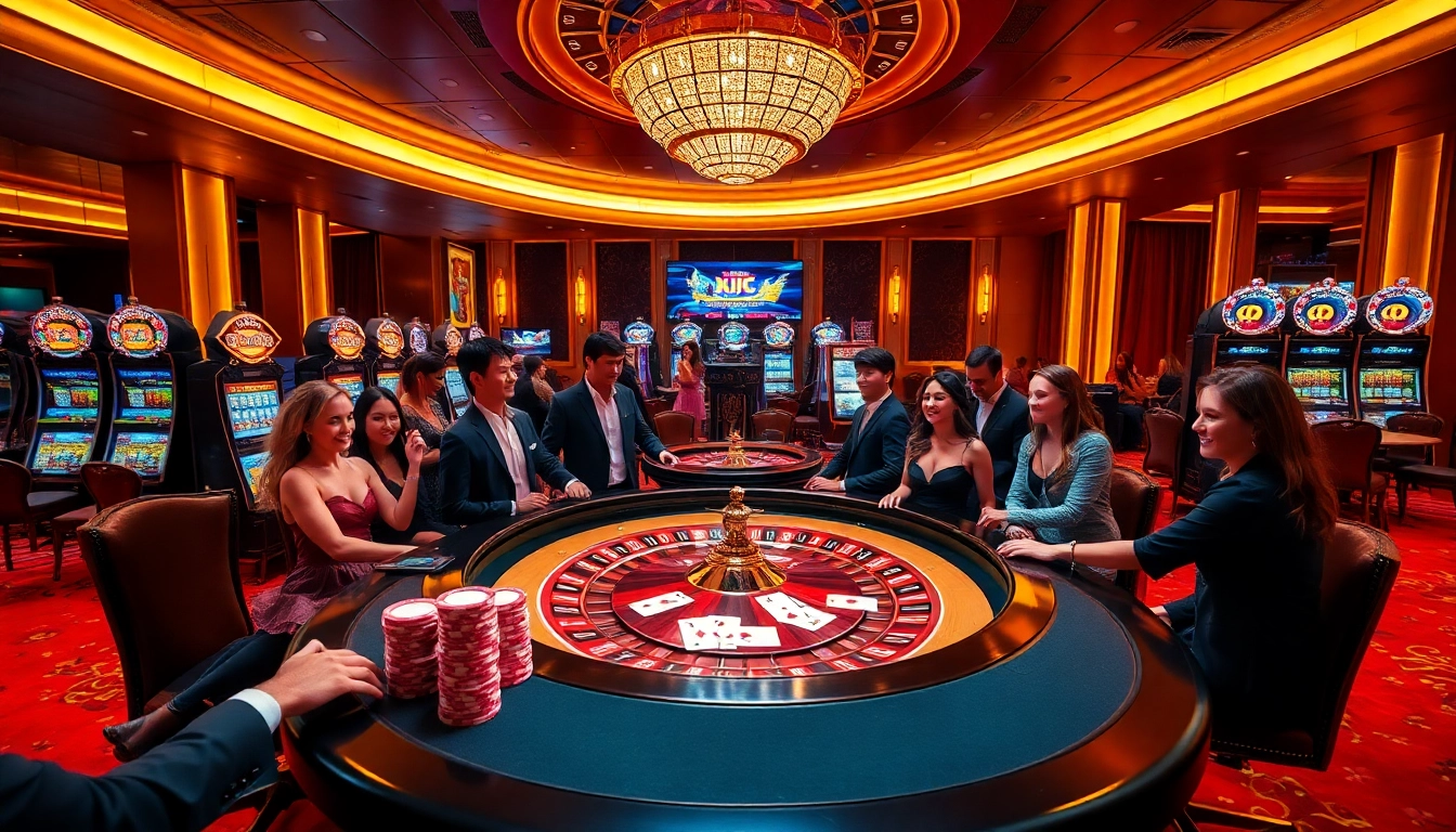 KJC casino scene with vibrant poker game, luxurious ambiance and excited players enjoying gaming.