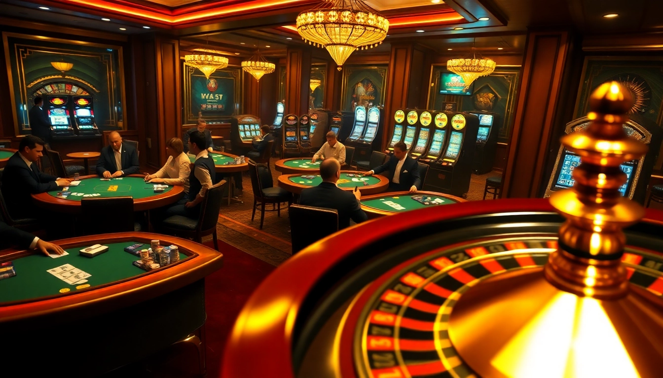 SODO Casino scene with players at poker tables and a roulette wheel spinning, capturing the thrill of gambling.