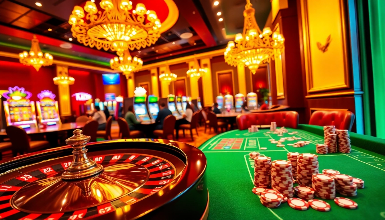 Experience the excitement of winning at https://gg88.biz/ with a vibrant casino scene showcasing roulette and slot machines.