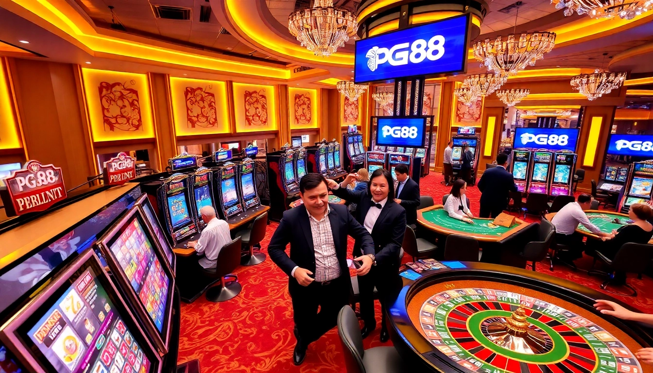 Exciting casino atmosphere with players at tables and PG88 branding prominently featured at pg88bet.it.com.