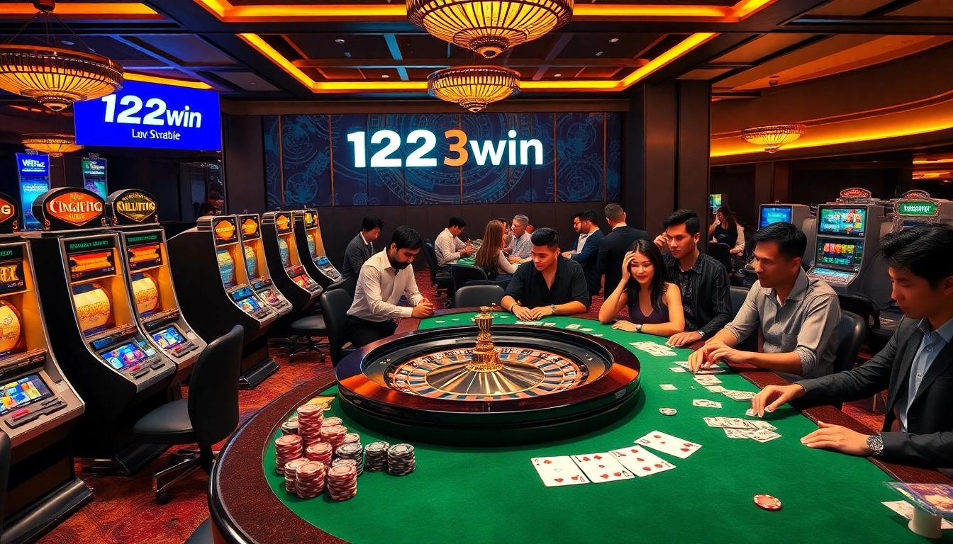 Experience the thrill of 123win with a vibrant casino atmosphere filled with roulette, slot machines, and eager gamblers.