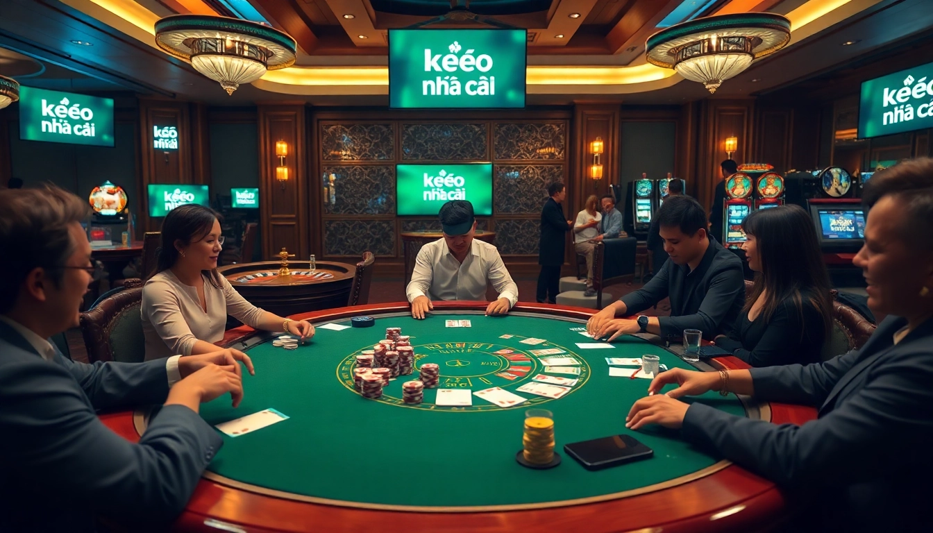 Exciting poker game setting with kèo nhà cái elements, vibrant colors, and professional atmosphere.